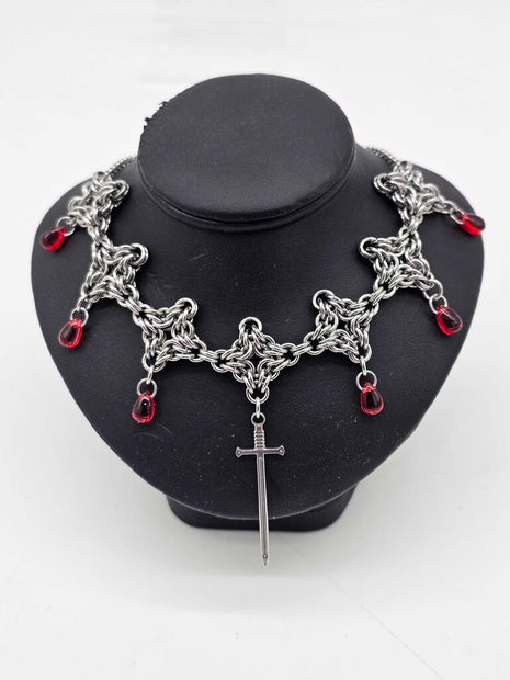 Stainless Steel Byzantine Diamond Necklace with Sword and Red Drops