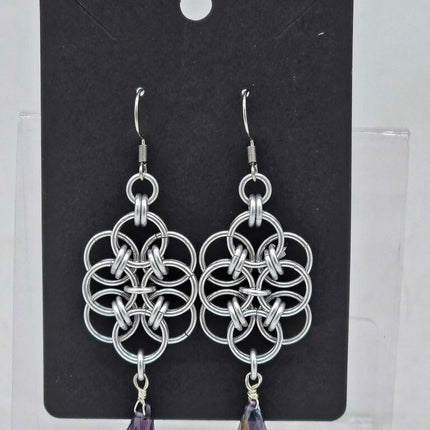 Silver Double Helm with Purple Crystal Drop Earrings