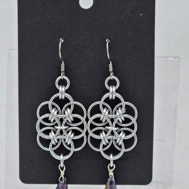 Silver Double Helm with Purple Crystal Drop Earrings