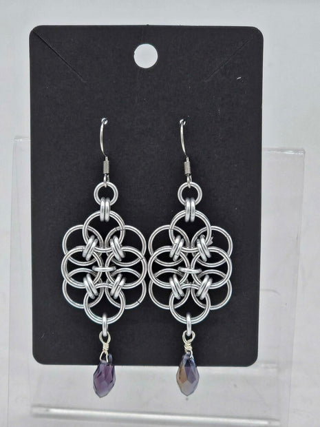 Silver Double Helm with Purple Crystal Drop Earrings