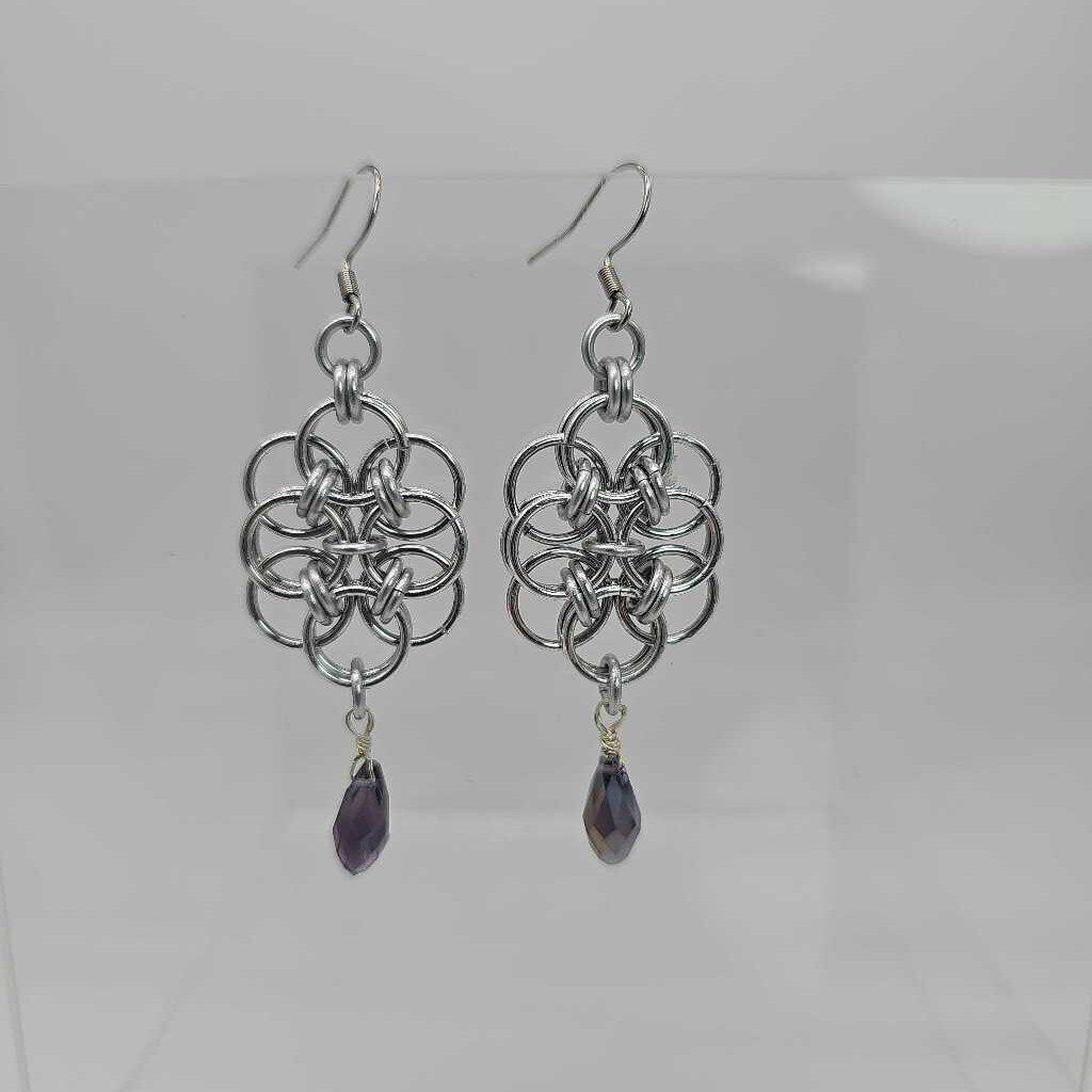 Silver Double Helm with Purple Crystal Drop Earrings