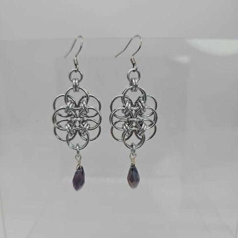 Silver Double Helm with Purple Crystal Drop Earrings