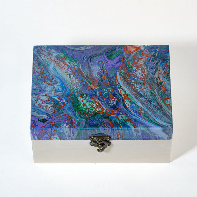 Medium Tall Wood Box - Blue, lavender, green copper- white stained wood