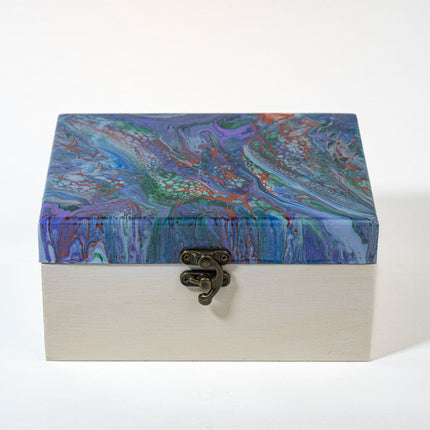 Medium Tall Wood Box - Blue, lavender, green copper- white stained wood