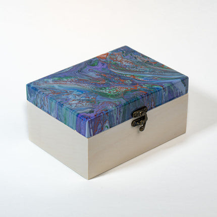 Medium Tall Wood Box - Blue, lavender, green copper- white stained wood