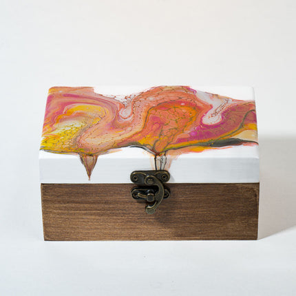 Small Keepsake Wood Box - White, orange, yellow Early american stain