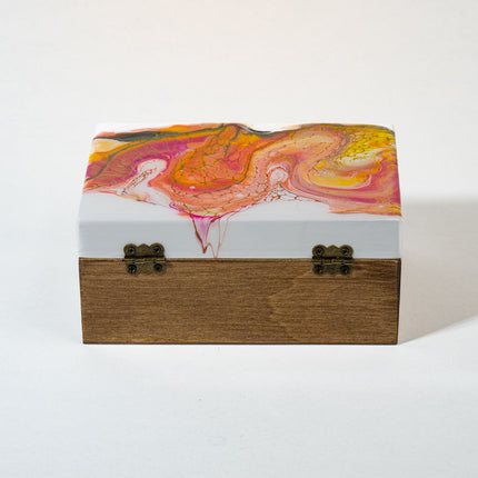 Small Keepsake Wood Box - White, orange, yellow Early american stain