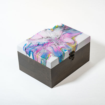 Large Keepsake Chest - White, pink, blue, black, yellow with grey stain