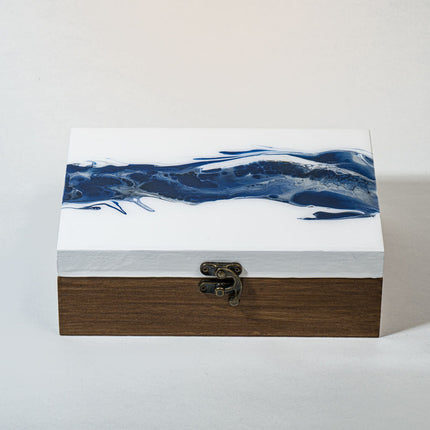 Medium Low-Profile Wood Box - White, Blue with early American stain