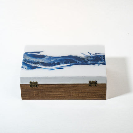 Medium Low-Profile Wood Box - White, Blue with early American stain