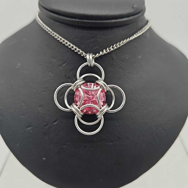 Silver Morning Star 14mm Rose Crystal, 18 inch stainless steel chain