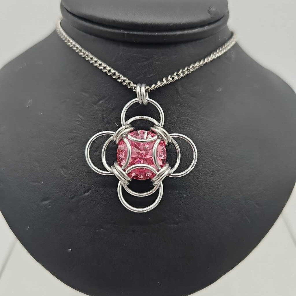 Silver Morning Star 14mm Rose Crystal, 18 inch stainless steel chain