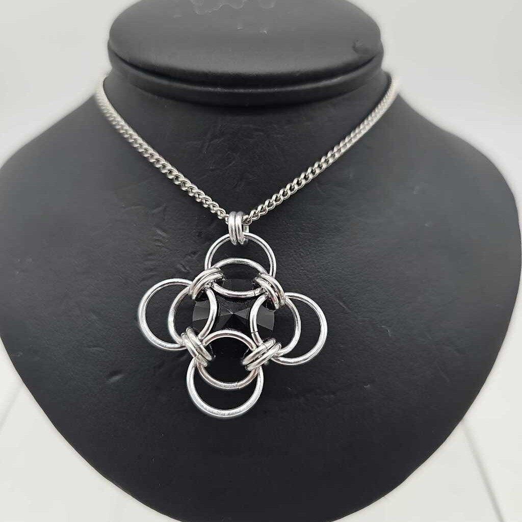 Silver Morning Star 14mm Jet Black Crystal, 18 inch stainless steel chain