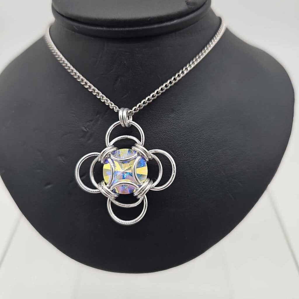 Silver Morning Star 14mm AB Blue Crystal, 18 inch stainless steel chain