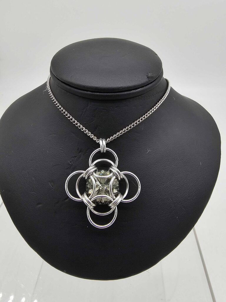Silver Morning Star 14mm Black Diamond Crystal, 18 inch stainless steel chain