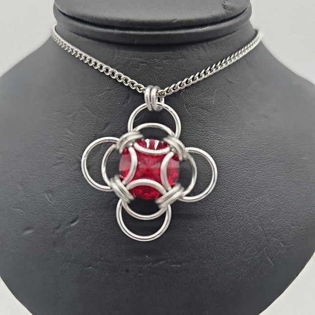 Silver Morning Star 14mm Siam Red Crystal, 18 inch stainless steel chain