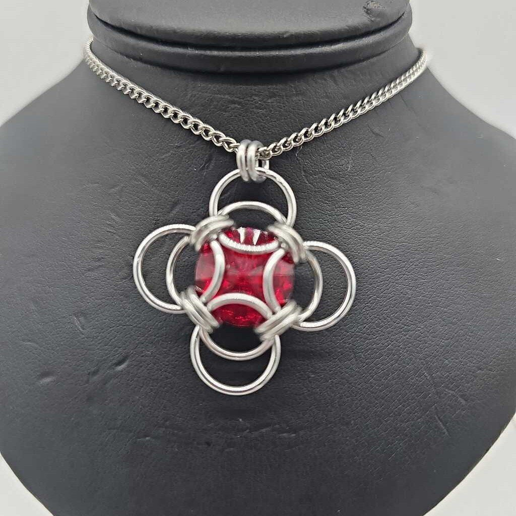 Silver Morning Star 14mm Siam Red Crystal, 18 inch stainless steel chain