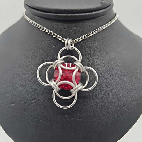 Silver Morning Star 14mm Siam Red Crystal, 18 inch stainless steel chain