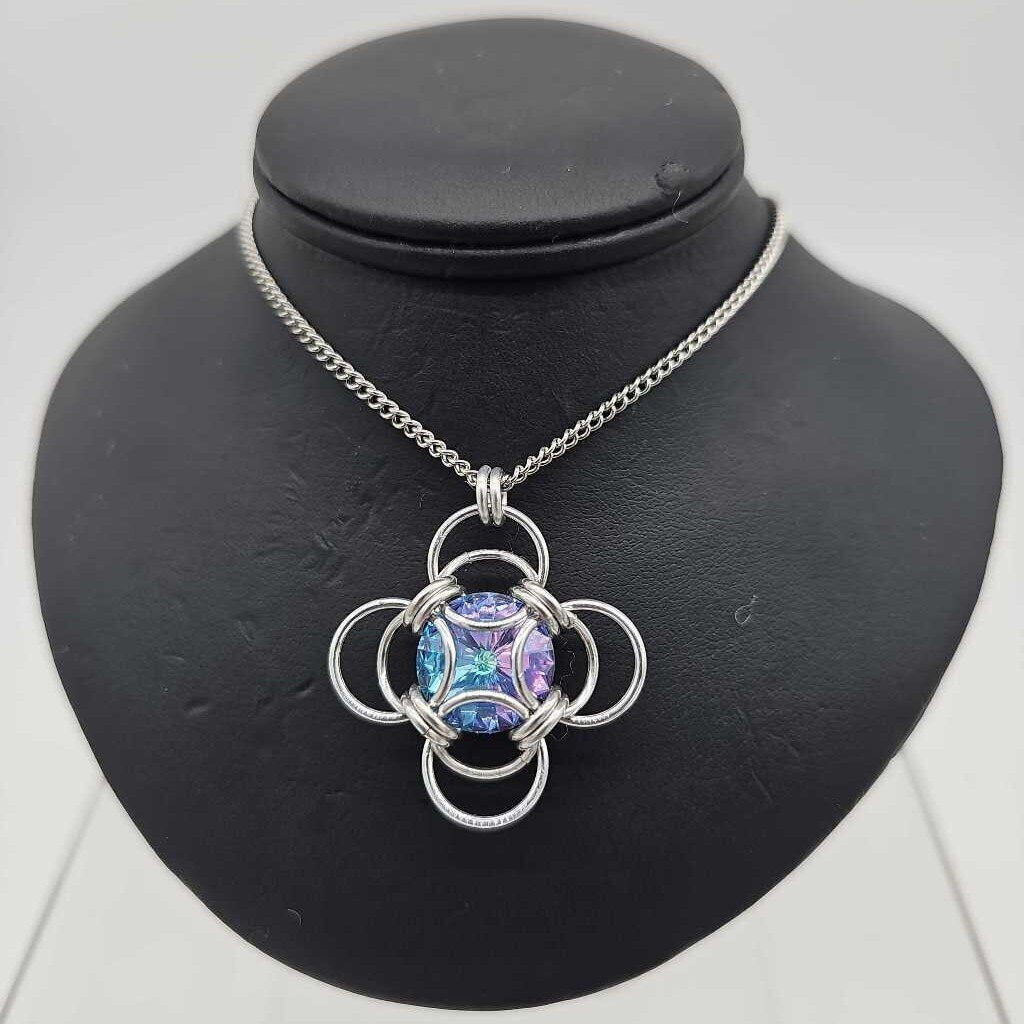 Silver Morning Star 14mm Light Purple Blue Crystal, 18 inch stainless steel chain