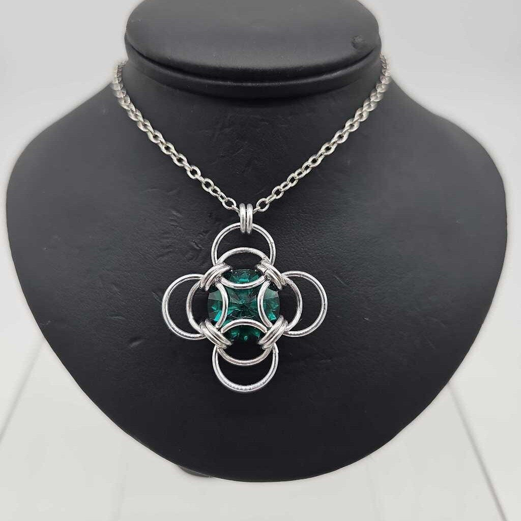 Silver Morning Star 14mm Emerald Crystal, 18 inch stainless steel chain