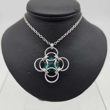 Silver Morning Star 14mm Emerald Crystal, 18 inch stainless steel chain