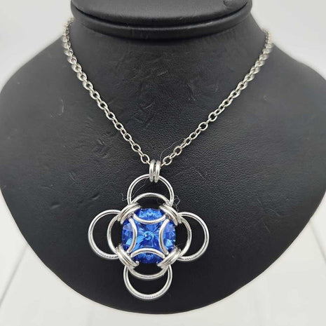 Silver Morning Star 14mm Sapphire Blue Crystal, 18 inch stainless steel chain