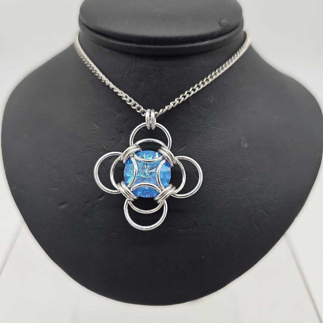 Silver Morning Star 14mm Ocean Blue Crystal, 18 inch stainless steel chain
