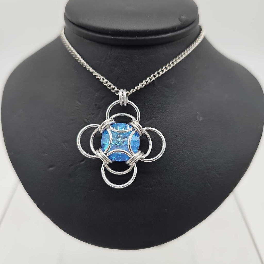 Silver Morning Star 14mm Ocean Blue Crystal, 18 inch stainless steel chain