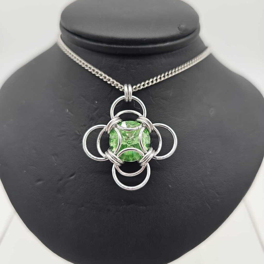 Silver Morning Star 14mm Peridot Green Crystal, 18 inch stainless steel chain
