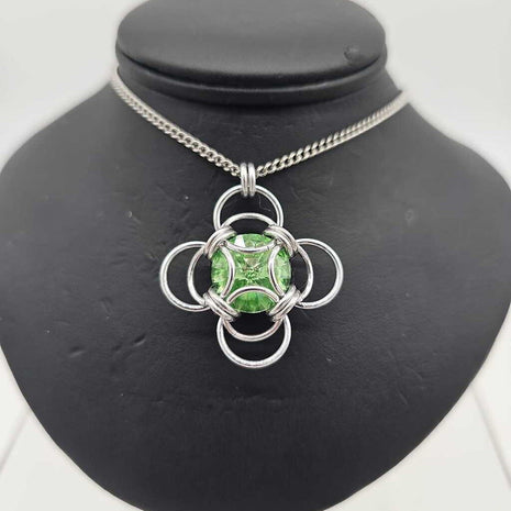 Silver Morning Star 14mm Peridot Green Crystal, 18 inch stainless steel chain