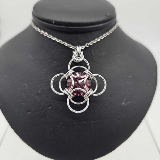 Silver Morning Star 14mm Amethyst Purple Crystal, 18 inch stainless steel chain