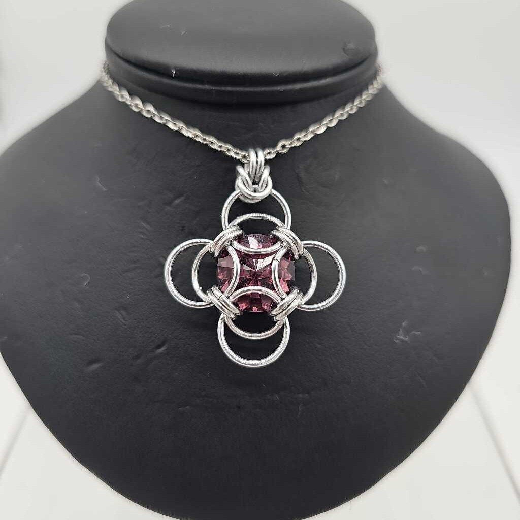 Silver Morning Star 14mm Amethyst Purple Crystal, 18 inch stainless steel chain