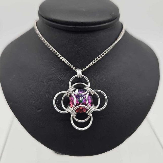 Silver Morning Star 14mm Electra Green Purple Red Crystal, 18 inch stainless steel chain