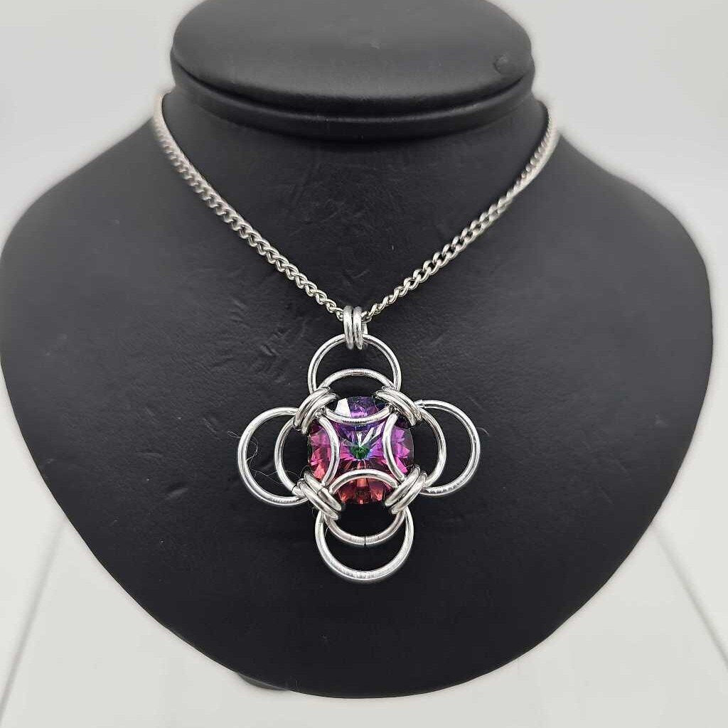 Silver Morning Star 14mm Electra Green Purple Red Crystal, 18 inch stainless steel chain