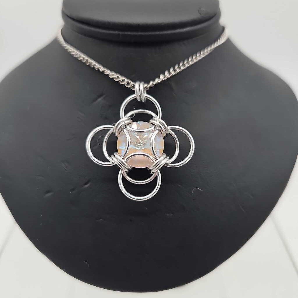 Silver Morning Star 14mm Pearl Crystal, 18 inch stainless steel chain