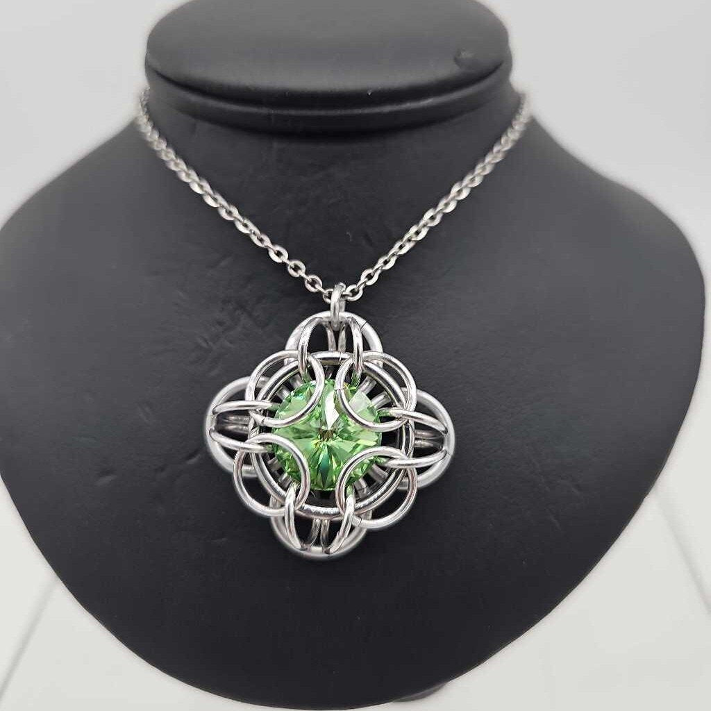 Silver Oriana 14mm Peridot Green Crystal, 18 inch stainless steel chain