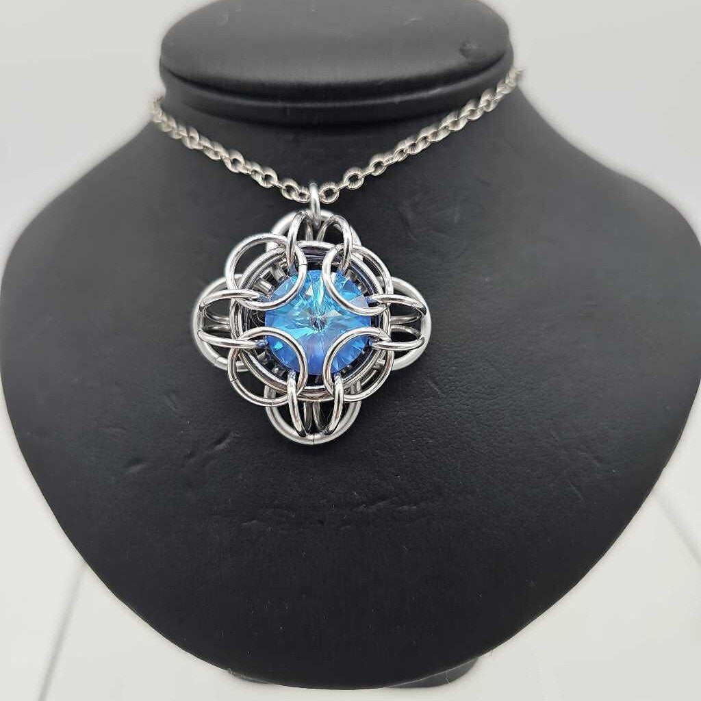 Silver Oriana 14mm Ocean Blue Crystal, 18 inch stainless steel chain