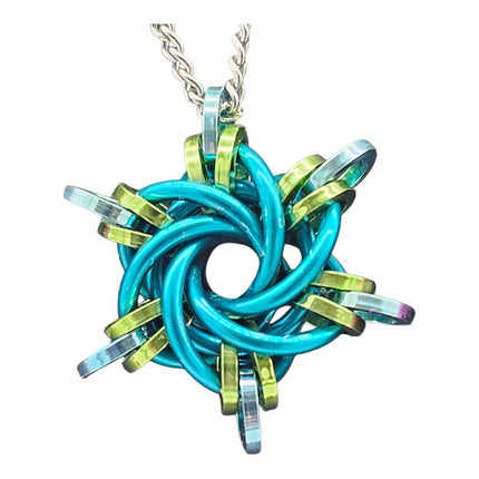 Teal, Green, Blue Starry Night Pendant, 18 inch stainless steel chain