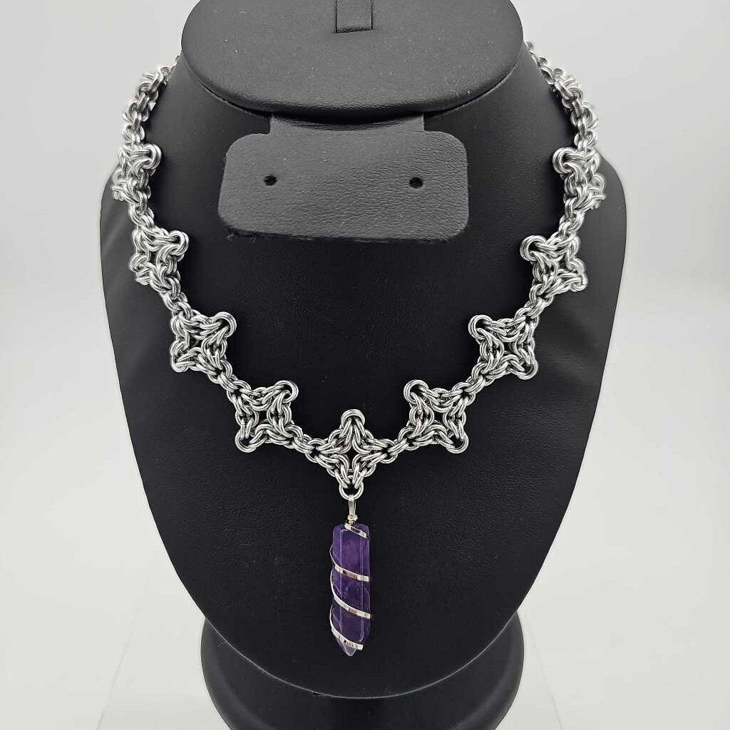 Silver Aluminum Byzantine Diamonds Necklace Amethyst Pendant 15-18 inches