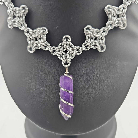 Silver Aluminum Byzantine Diamonds Necklace Amethyst Pendant 15-18 inches