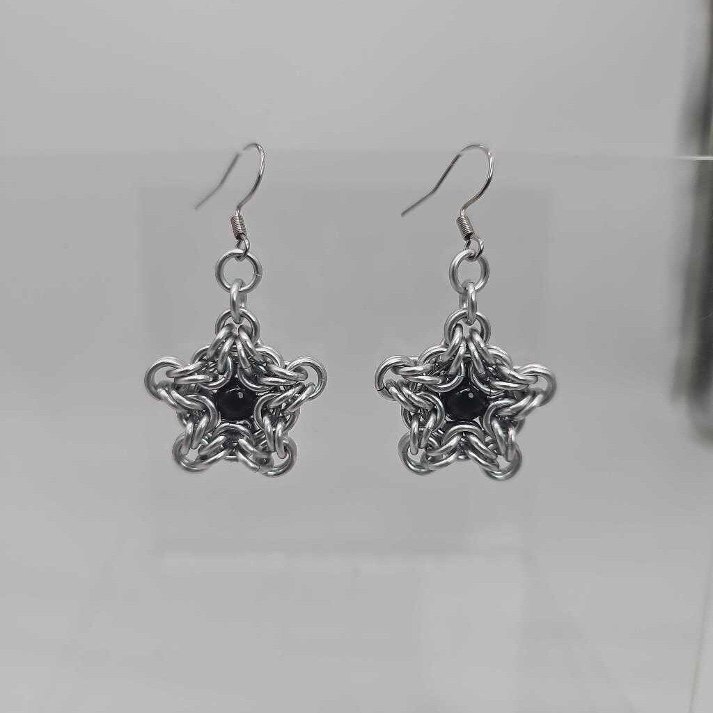 Silver Byzantine Star Earrings with Black Agate Bead