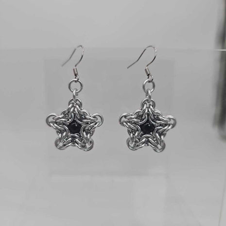 Silver Byzantine Star Earrings with Black Agate Bead