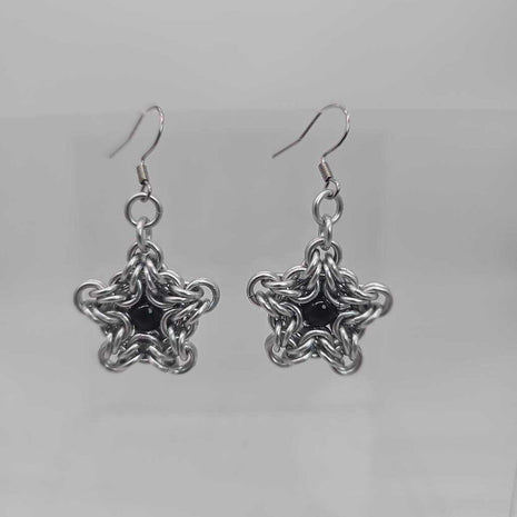 Silver Byzantine Star Earrings with Black Agate Bead