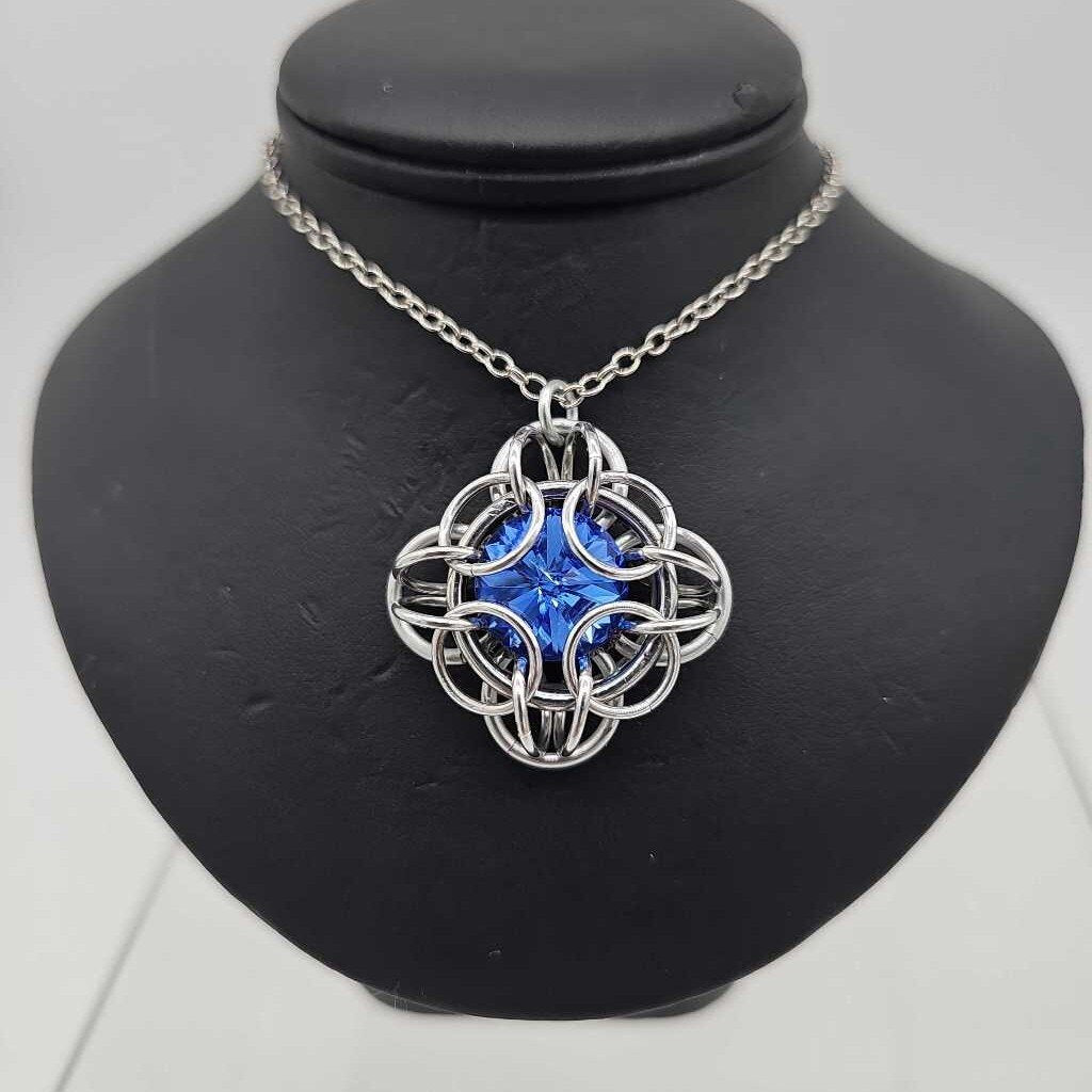 Silver Oriana 14mm Sapphire Blue Crystal, 18 inch Stainless Steel chain