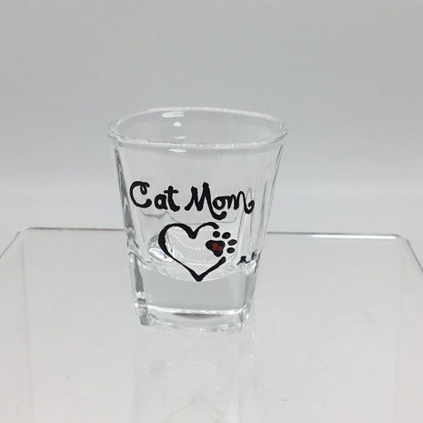 CAT MOM Shot Glass, Large Heart, Pawprint, Hand-painted, Heat-cured.