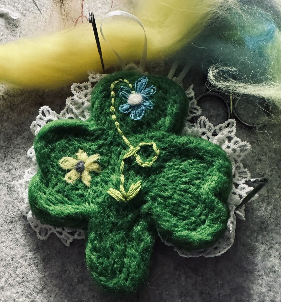 Wool felted shamrock to hang