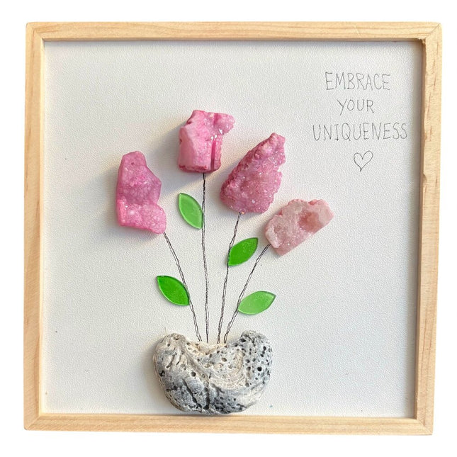 Pink agate rock flowers with rock vase in frame