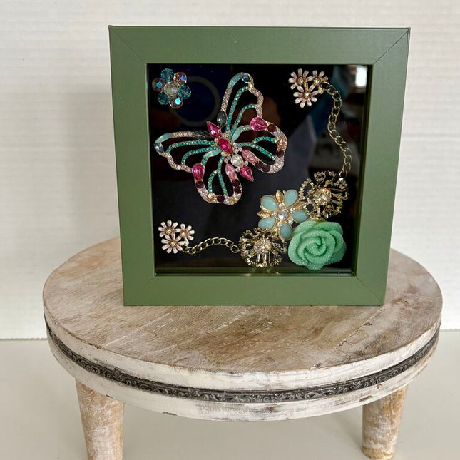 5 in SAGE SB w/ VTG BUTTERFLY & decorated w/other vtg jewelry