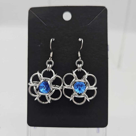 Silver and Sapphire Blue Crystal Flower Earrings, Surgical Steel Ear Wires