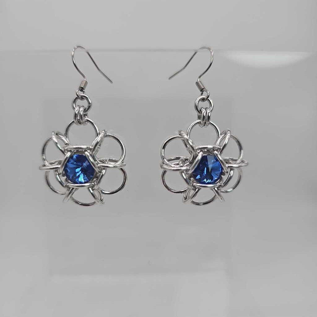 Silver and Sapphire Blue Crystal Flower Earrings, Surgical Steel Ear Wires